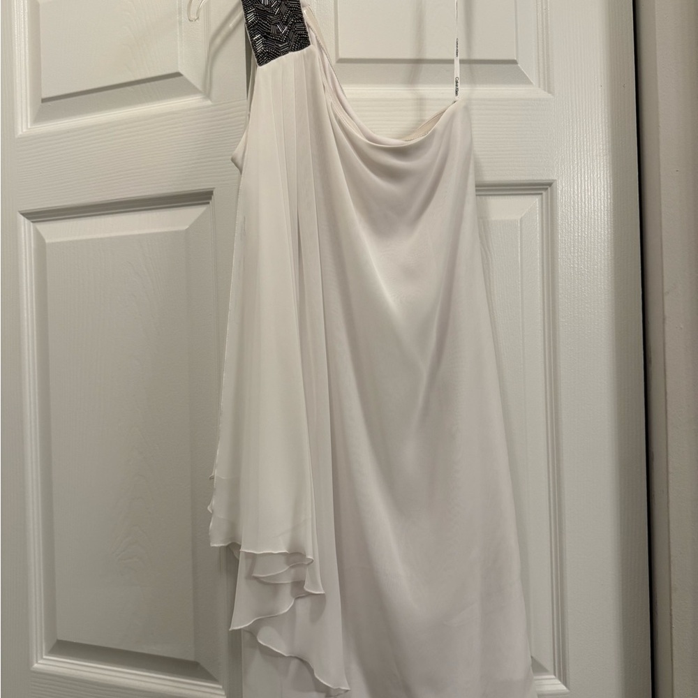Calvin Klein Asymmetrical White Dress with Black Accent